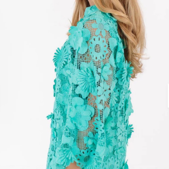 Elegant Floral Lace Midi Dress in Turquoise - Picture 3 of 5